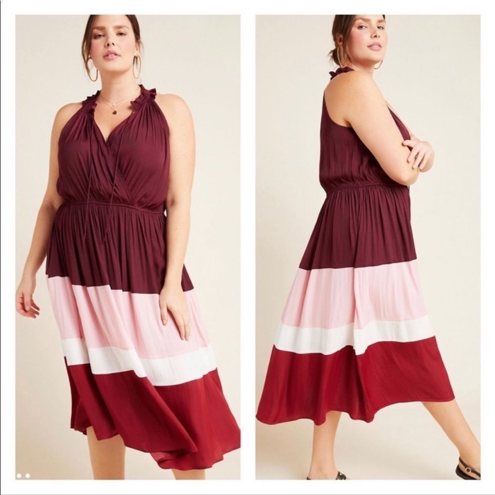 Anthropologie Burgundy and Pink Midi Dress